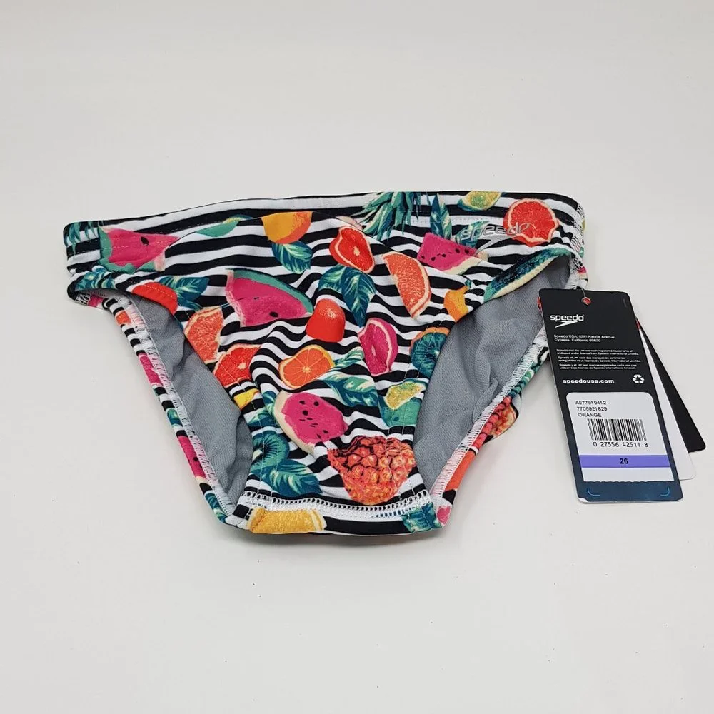 Speedo Size 26 -Men's Swimsuit Brief - (Black/White Stripe w/ Fruit) - Picture 3 of 3